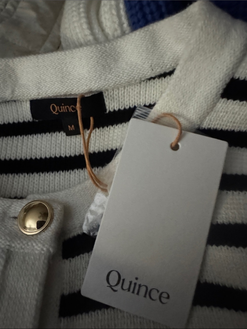 Quince Black and White Striped organic V-Neck Cardigan with Gold Buttons - Picture 10 of 10